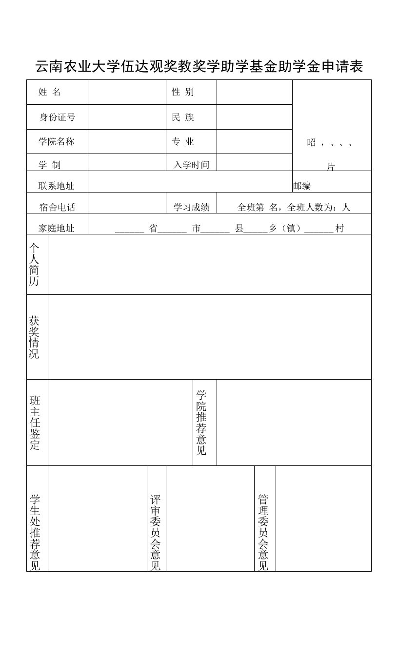 云南农业大学伍达观奖教奖学助学基金助学金申请表