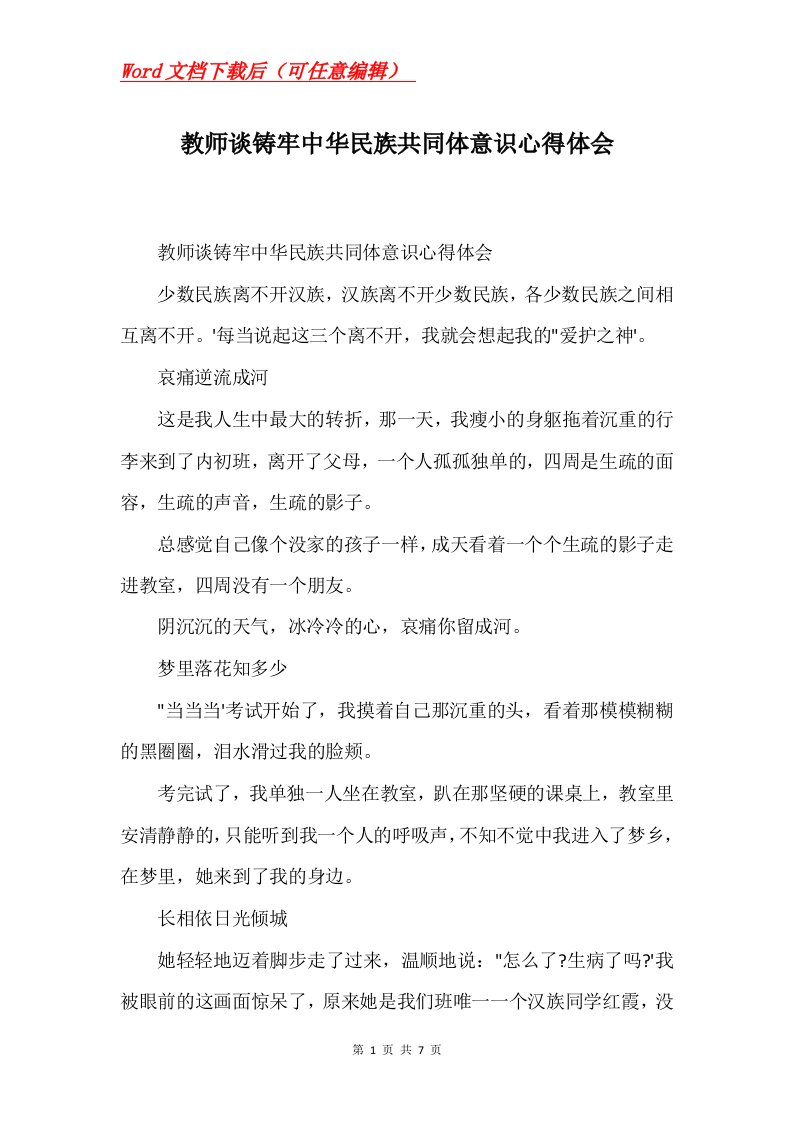 教师谈铸牢中华民族共同体意识心得体会Word