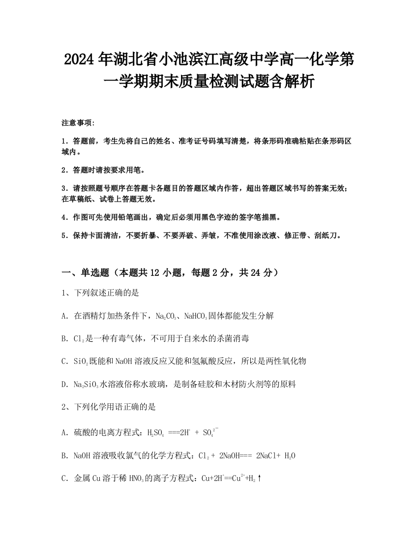 2024年湖北省小池滨江高级中学高一化学第一学期期末质量检测试题含解析