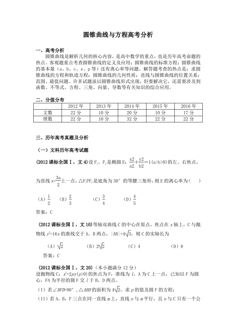 圆锥曲线与方程高考分析