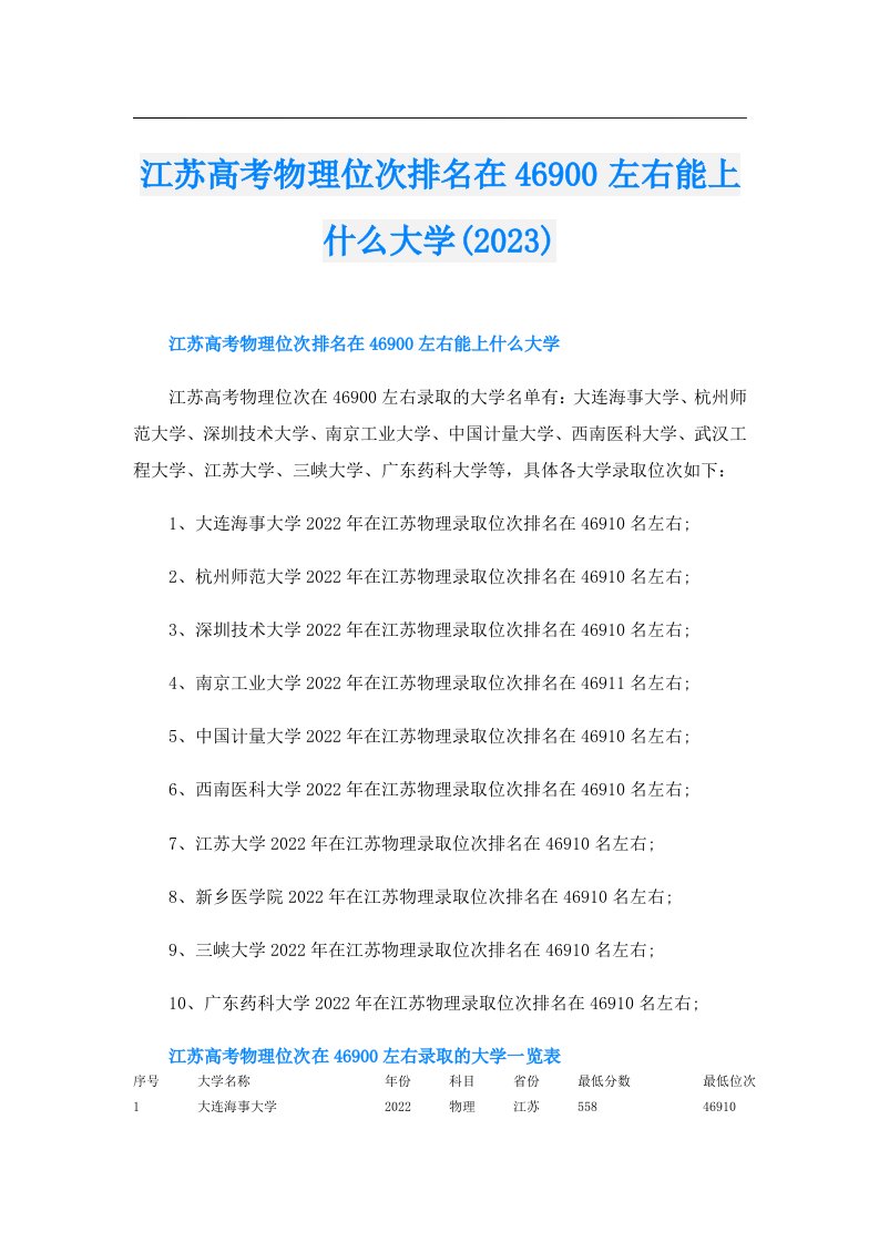 江苏高考物理位次排名在46900左右能上什么大学()