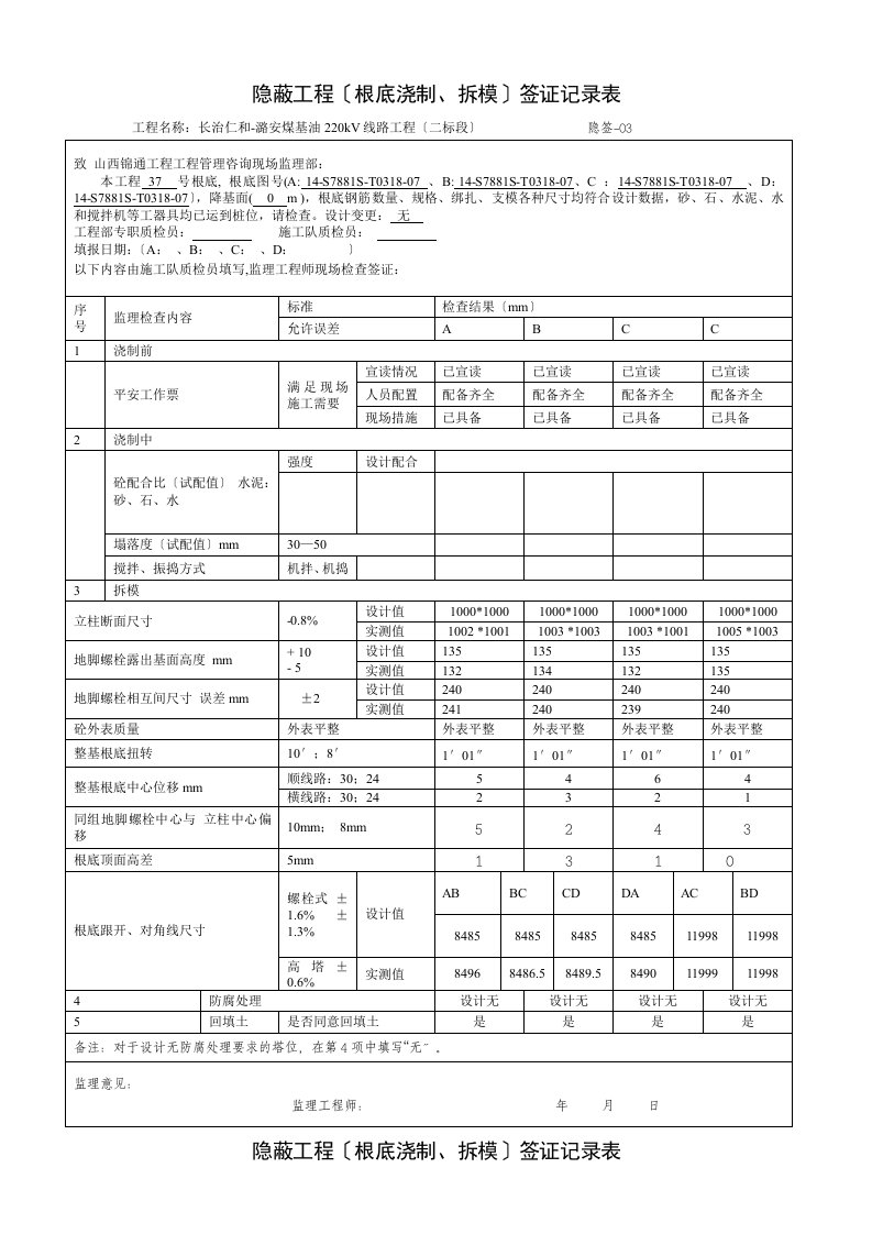 最新隐蔽工程(基础浇制、拆模)签证记录表