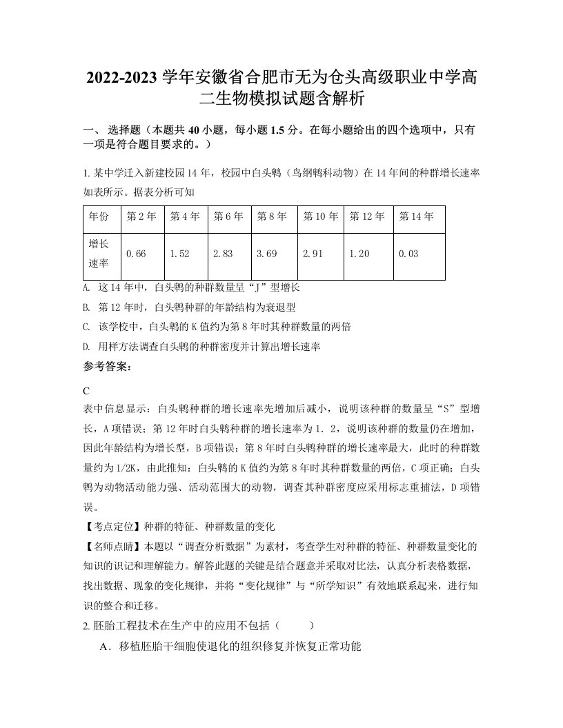 2022-2023学年安徽省合肥市无为仓头高级职业中学高二生物模拟试题含解析