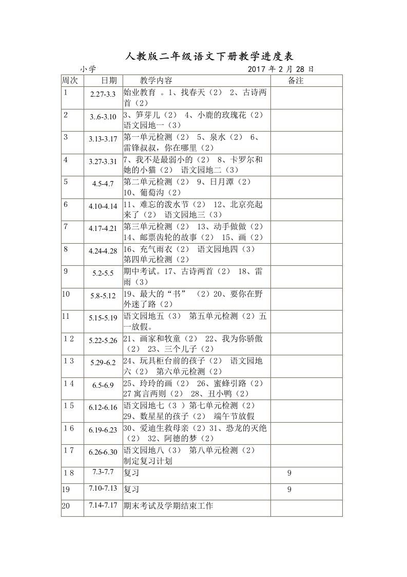 人教版二年级语文下册教学进度表