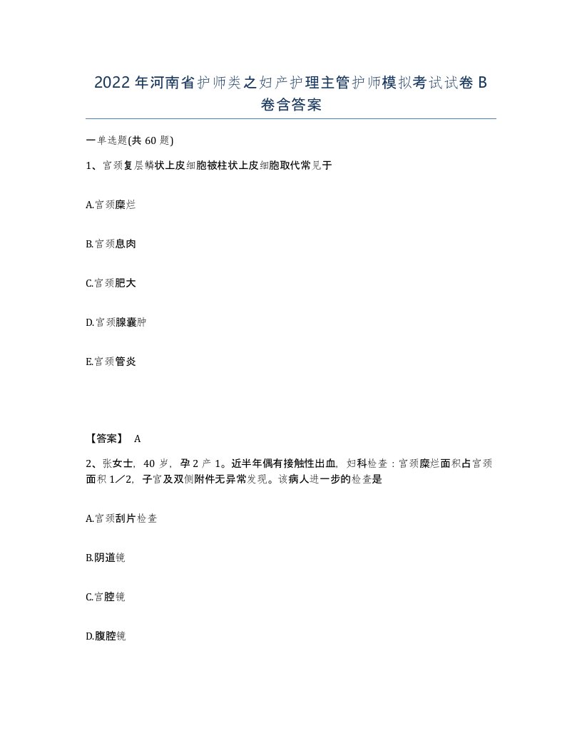 2022年河南省护师类之妇产护理主管护师模拟考试试卷B卷含答案