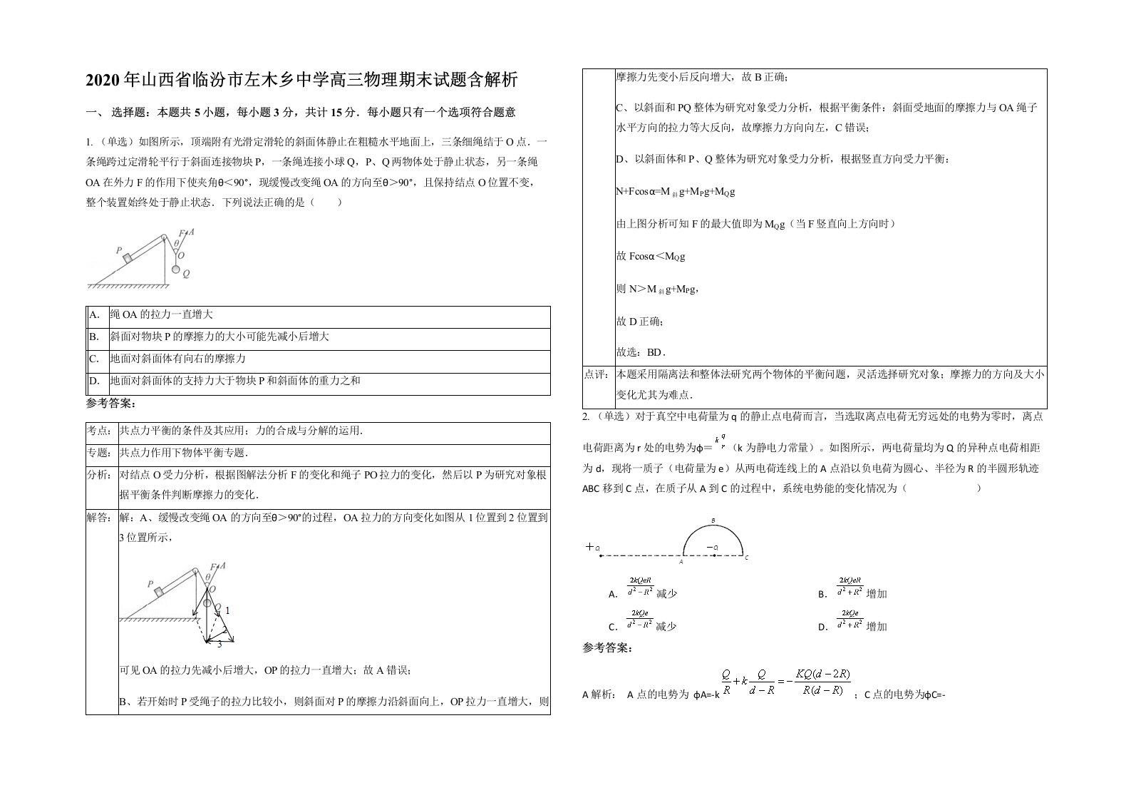 2020年山西省临汾市左木乡中学高三物理期末试题含解析