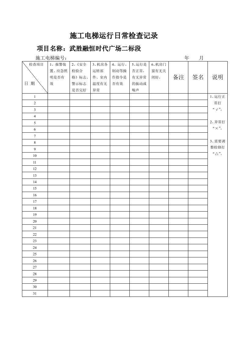 施工电梯日常运行检查记录表