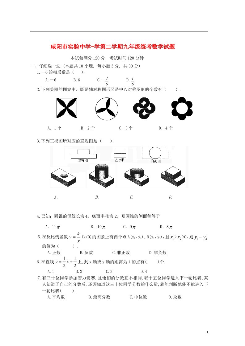 陕西省咸阳市中考数学下学期模拟试题