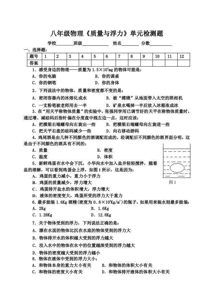 八年级物理《质量与浮力》单元检测题