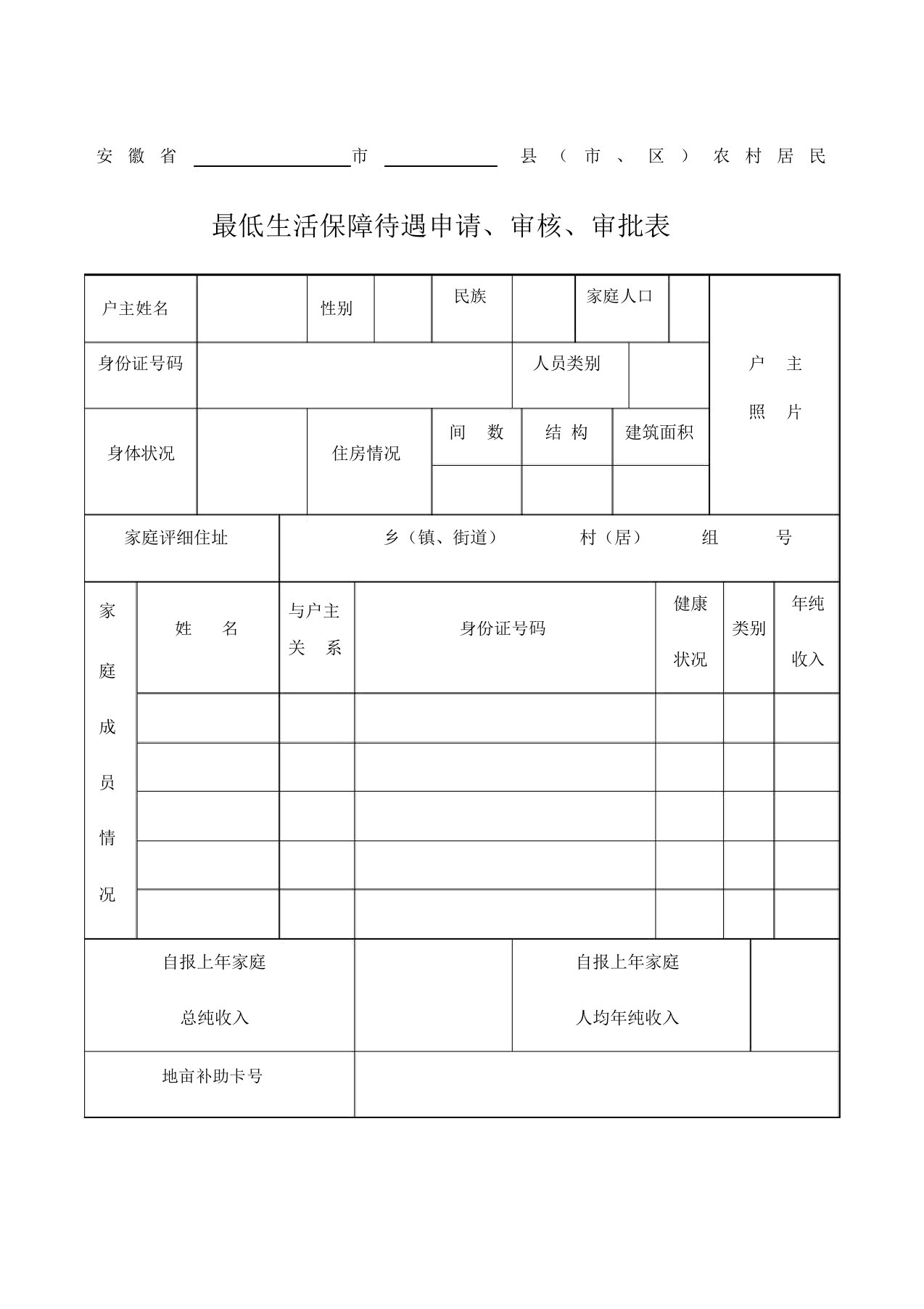 农村居民最低生活保障待遇申请审核审批表