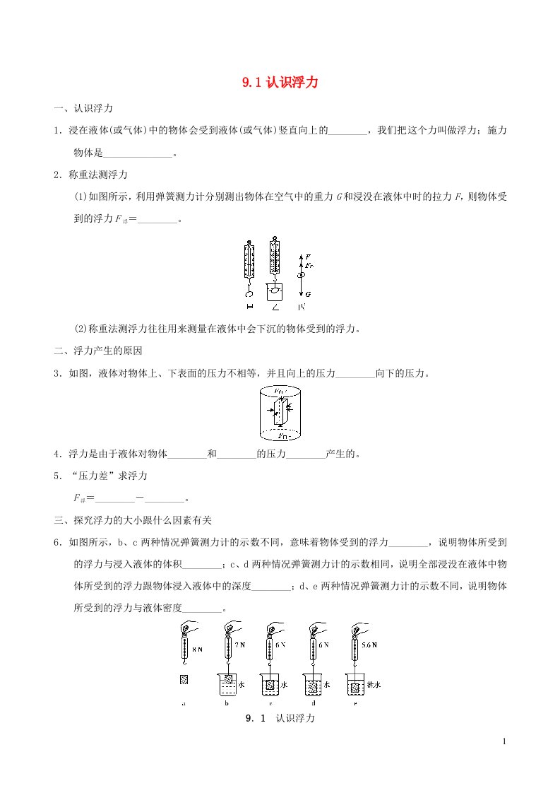 安徽专版2022八年级物理下册第九章浮力与升力9.1认识浮力背记手册新版粤教沪版