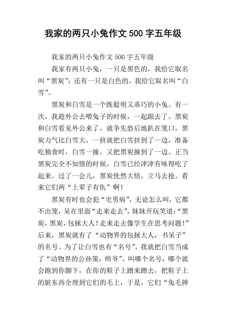 我家的两只小兔作文500字五年级