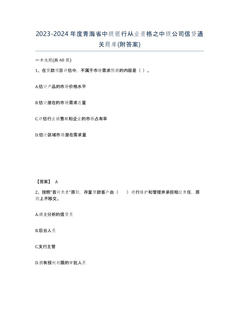 2023-2024年度青海省中级银行从业资格之中级公司信贷通关题库附答案