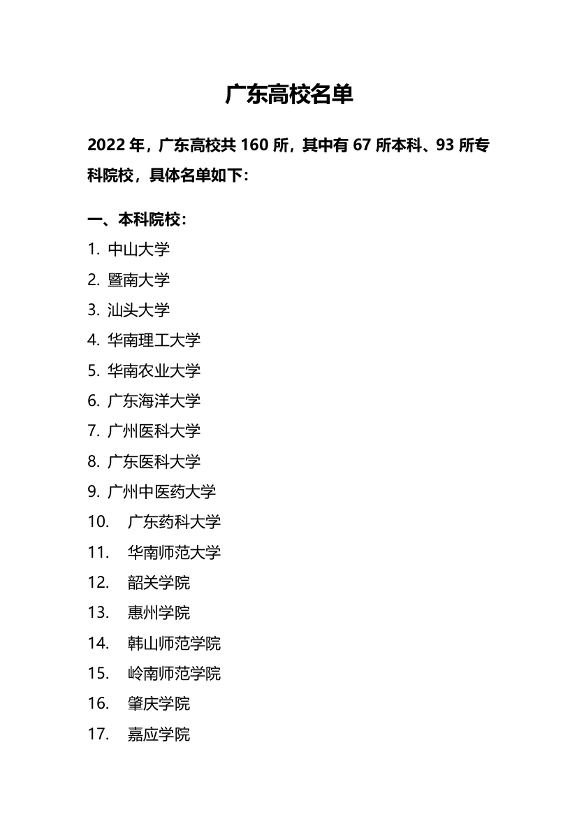 广东省高校名单（共160所，其中有67所本科、93所专科院校）