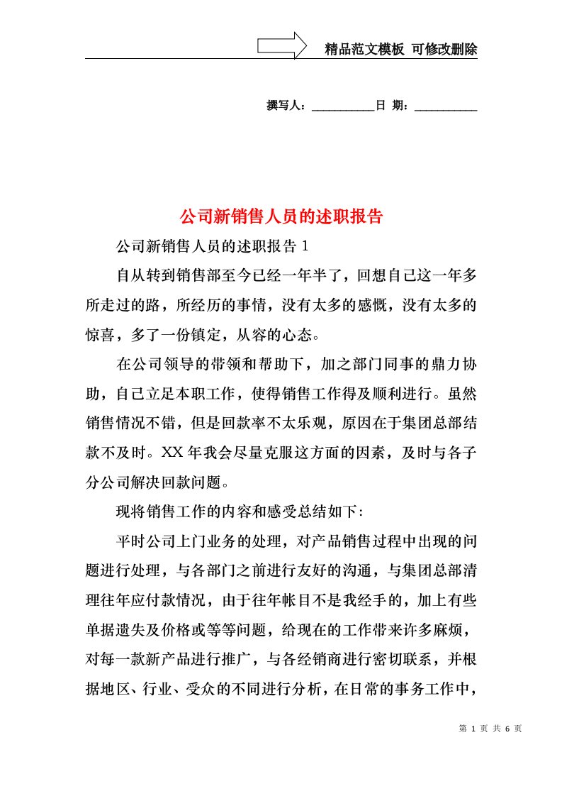 公司新销售人员的述职报告