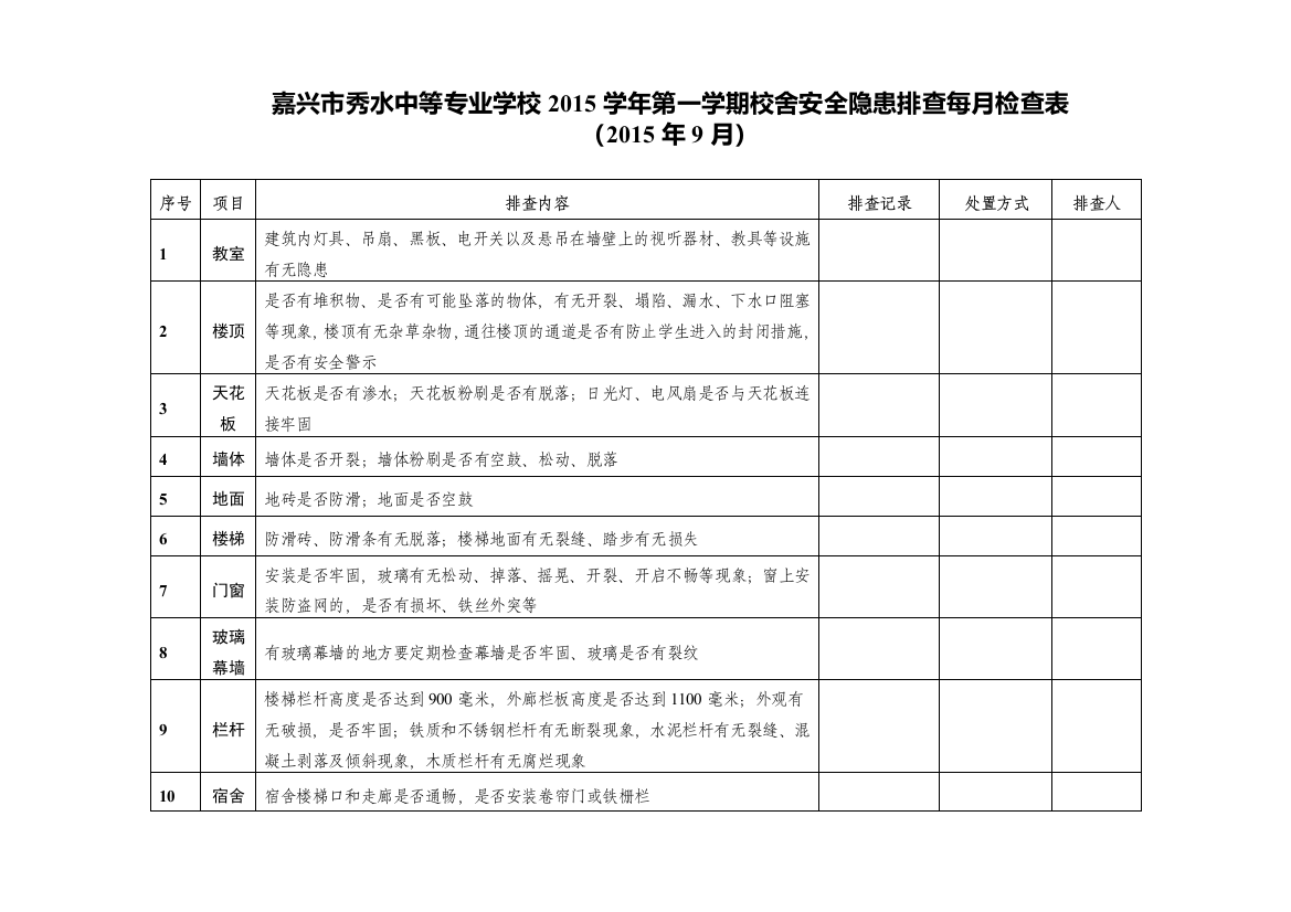 校舍安全隐患排查每月检查表