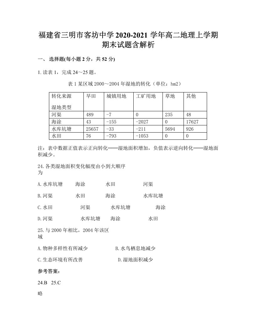 福建省三明市客坊中学2020-2021学年高二地理上学期期末试题含解析