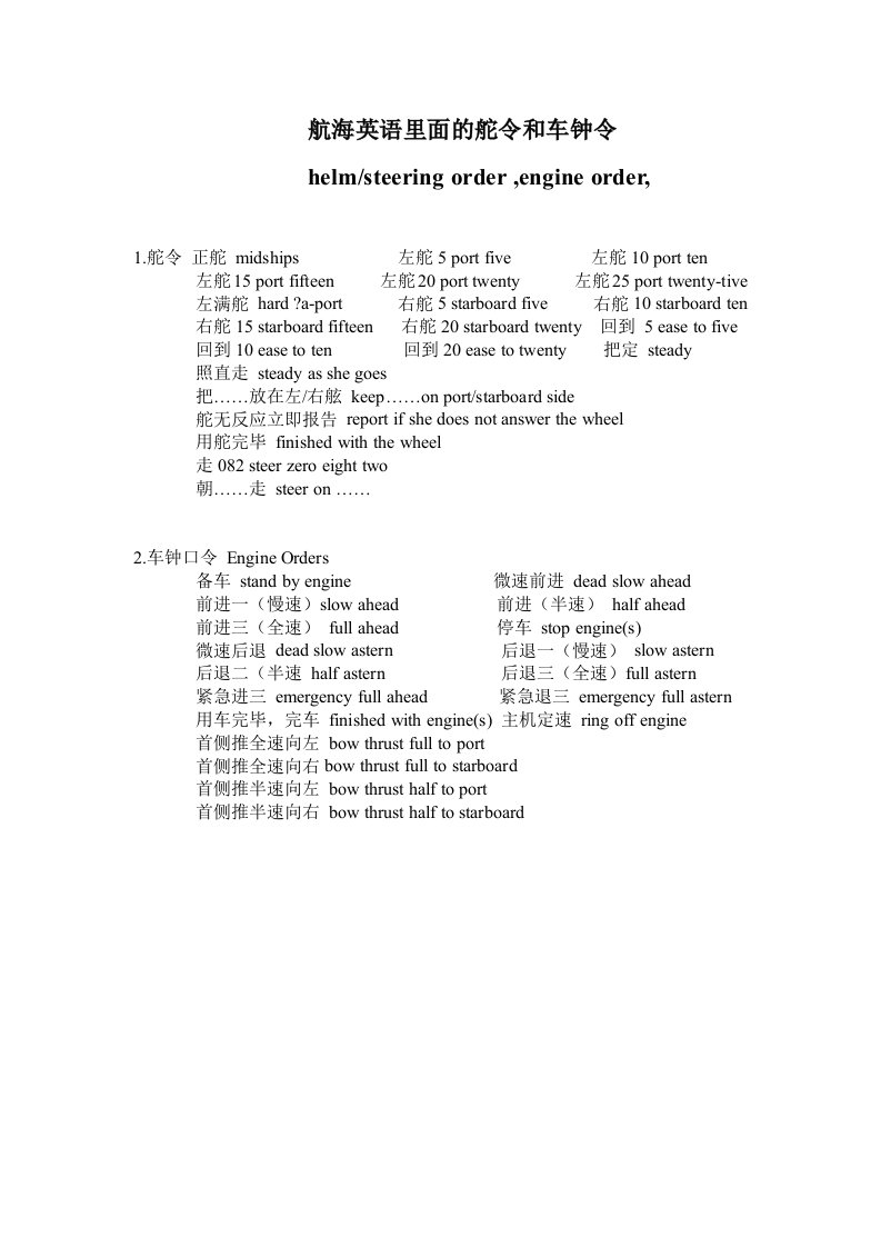 航海英语里面的舵令和车钟令