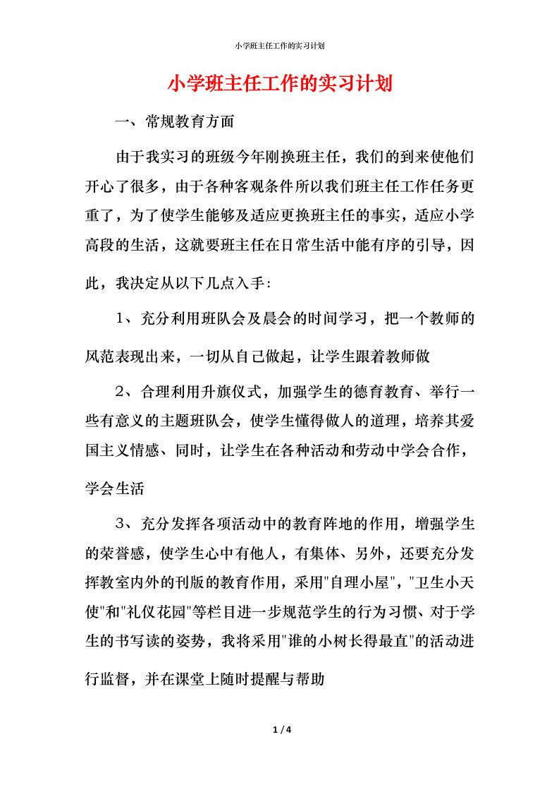 小学班主任工作的实习计划