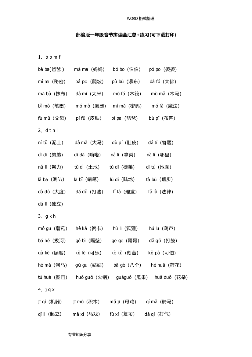 (完整)部编一年级音节拼读全汇总练习[可下载打印]-推荐文档