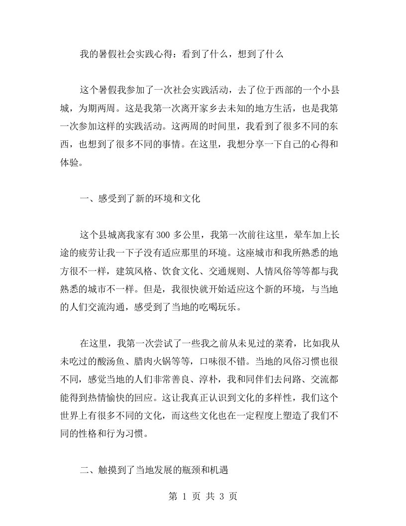 我的暑假社会实践心得：看到了什么，想到了什么