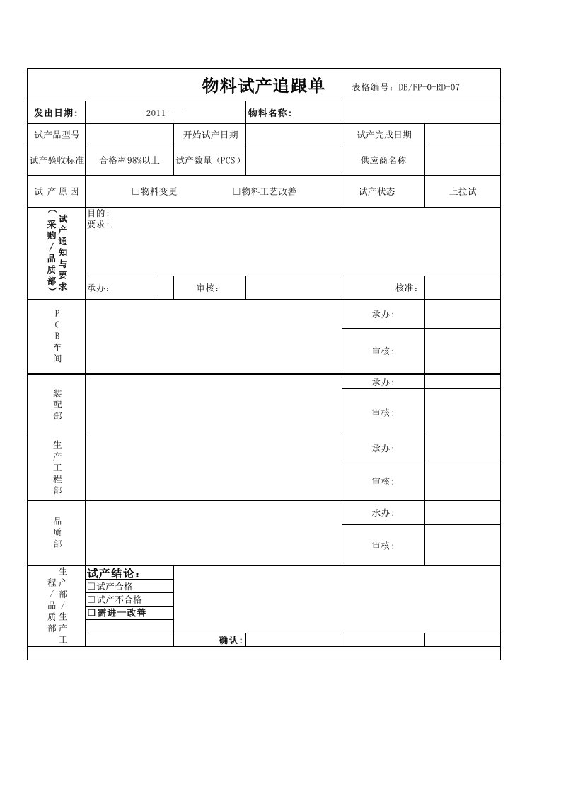 物料试产跟踪单