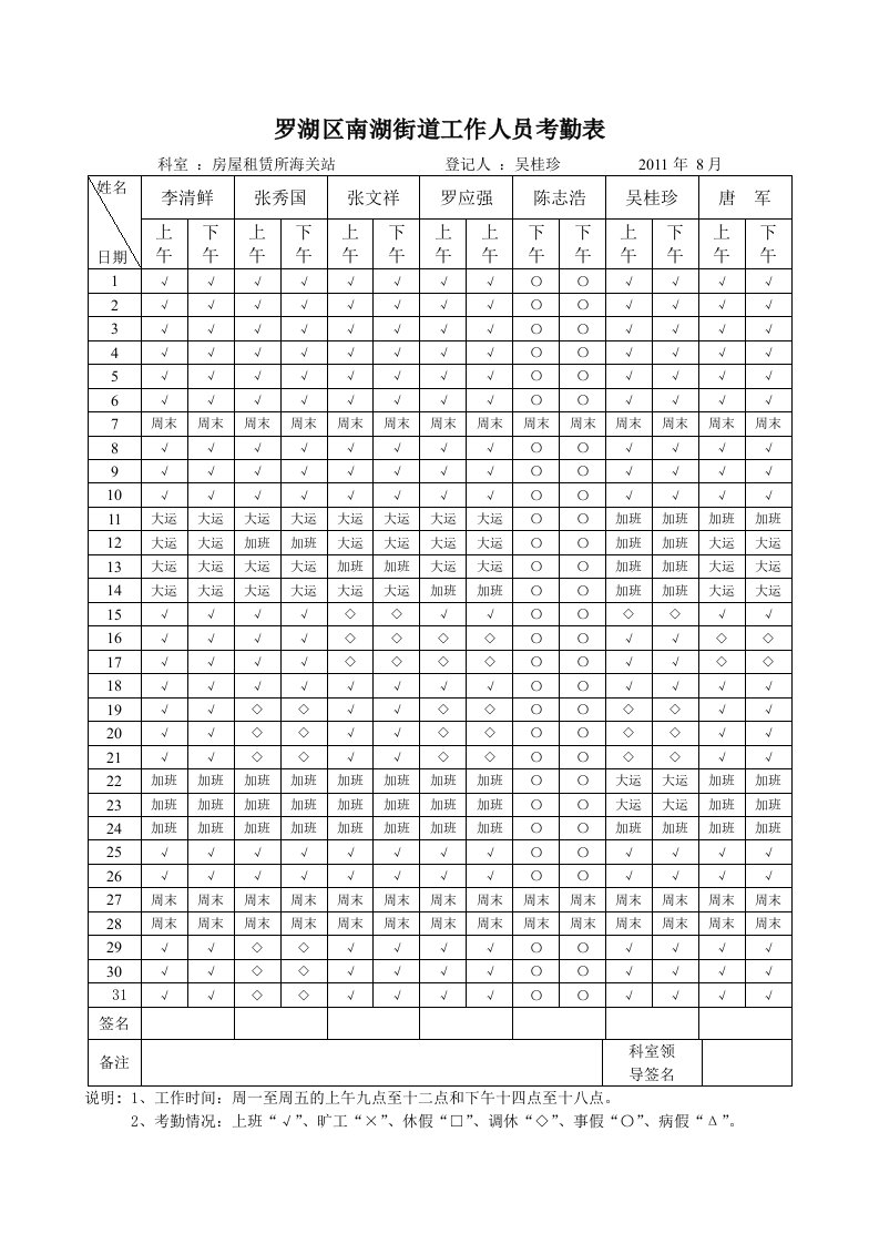 精选汇总8月考勤表