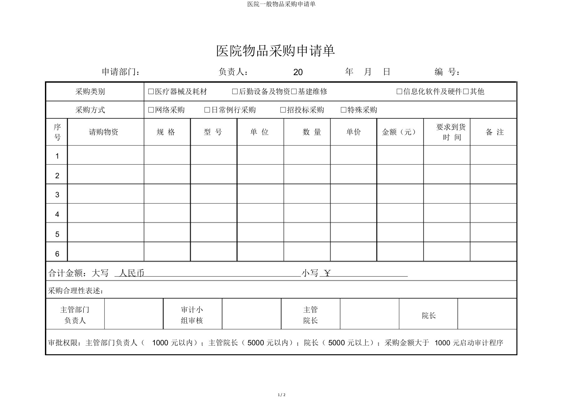 医院一般物品采购申请单