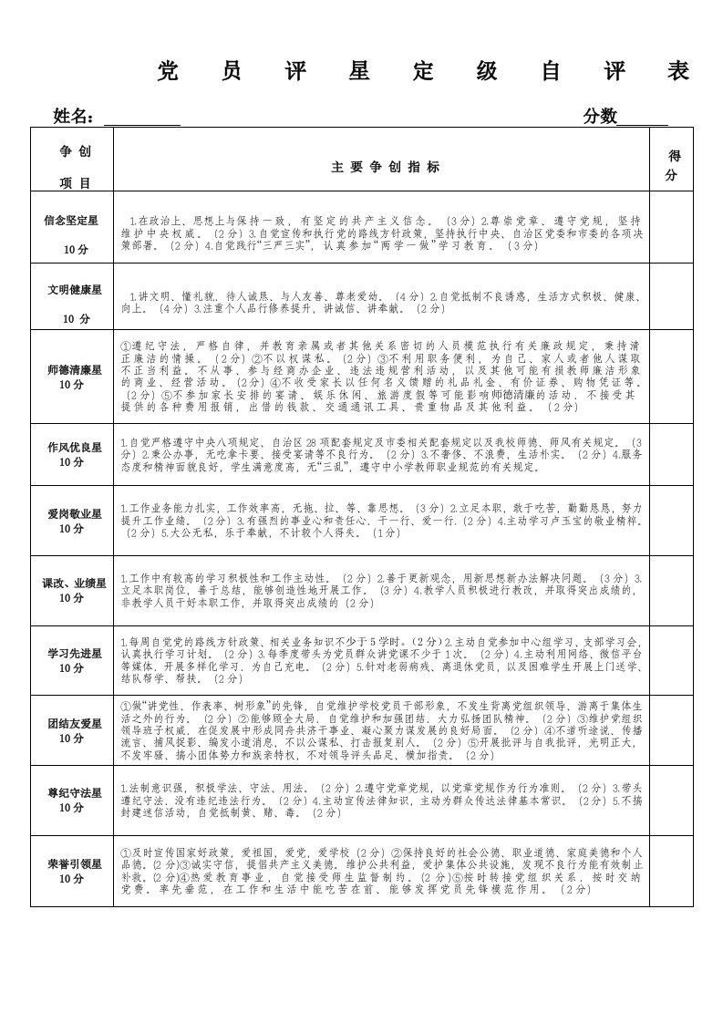 党员评星定级自评表