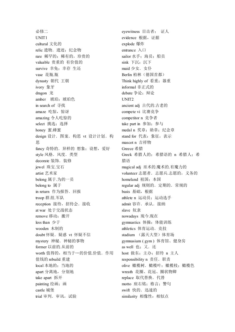 高中英语必修二unit1-unit5重点词汇