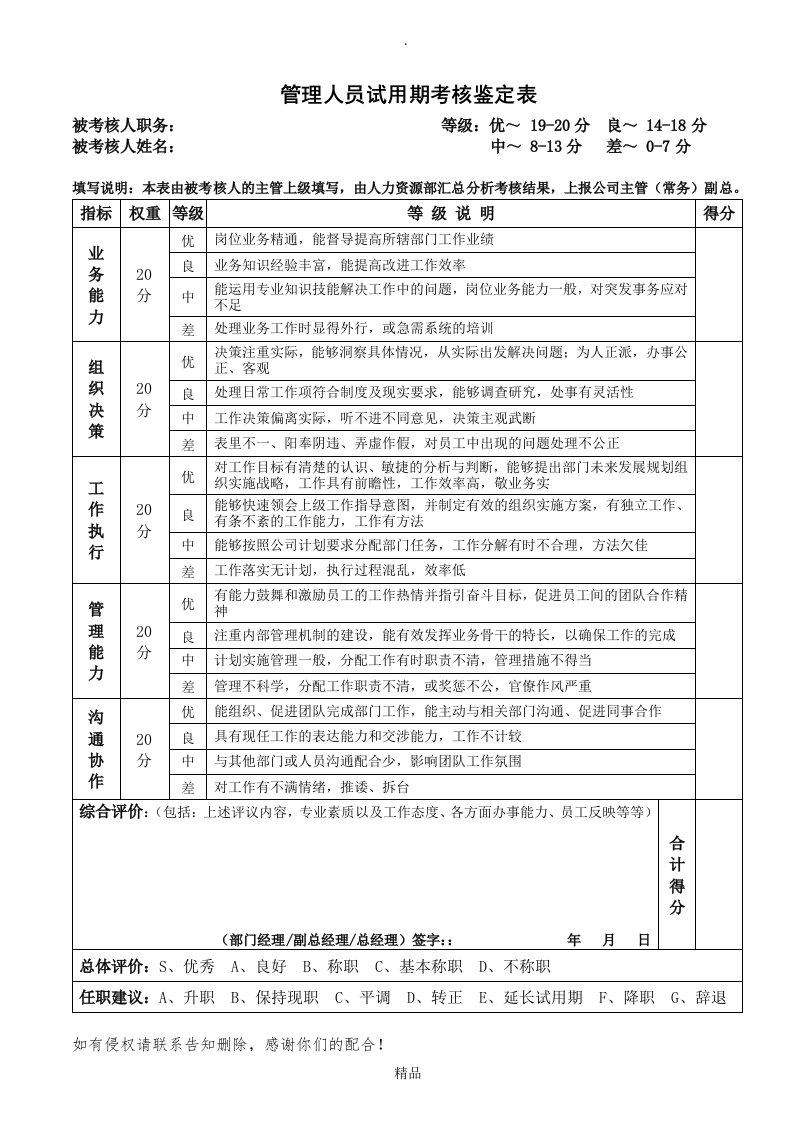 管理人员试用期考核表