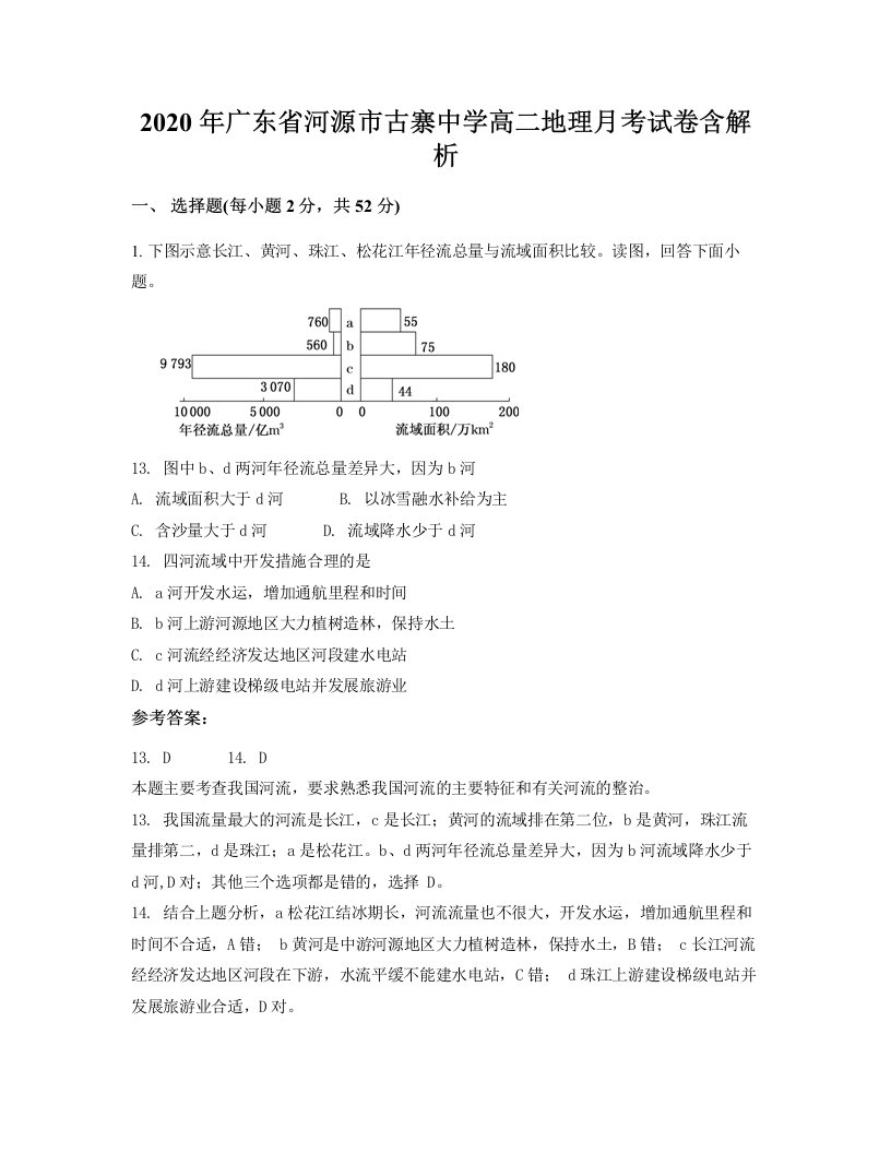 2020年广东省河源市古寨中学高二地理月考试卷含解析