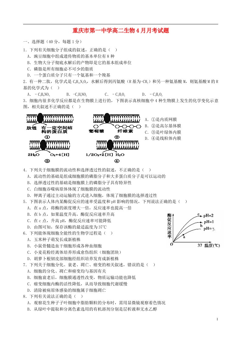 重庆市第一中学高二生物4月月考试题