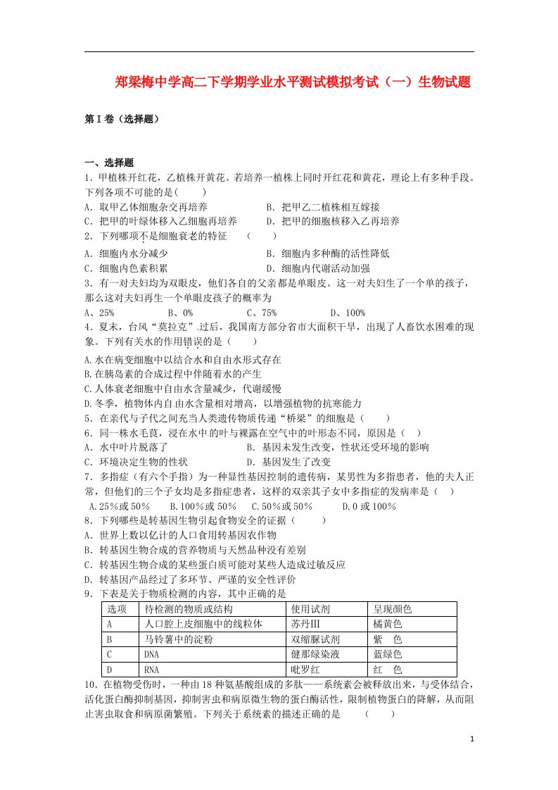 江苏省涟水县高二生物下学期学业水平测试模拟考试（一）试题苏教版