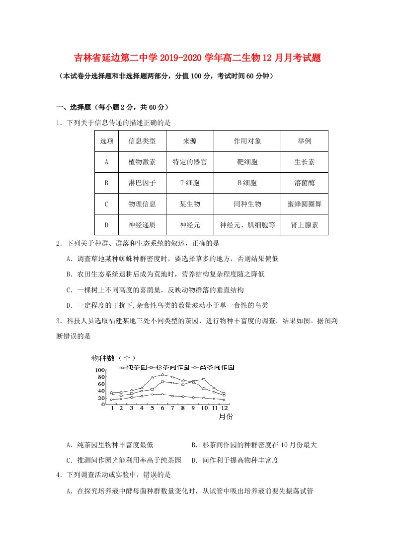 吉林省延边第二中学2019-2020学年高二生物12月月考试题