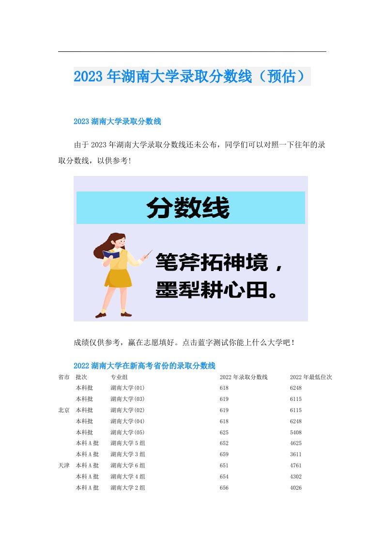 湖南大学录取分数线（预估）