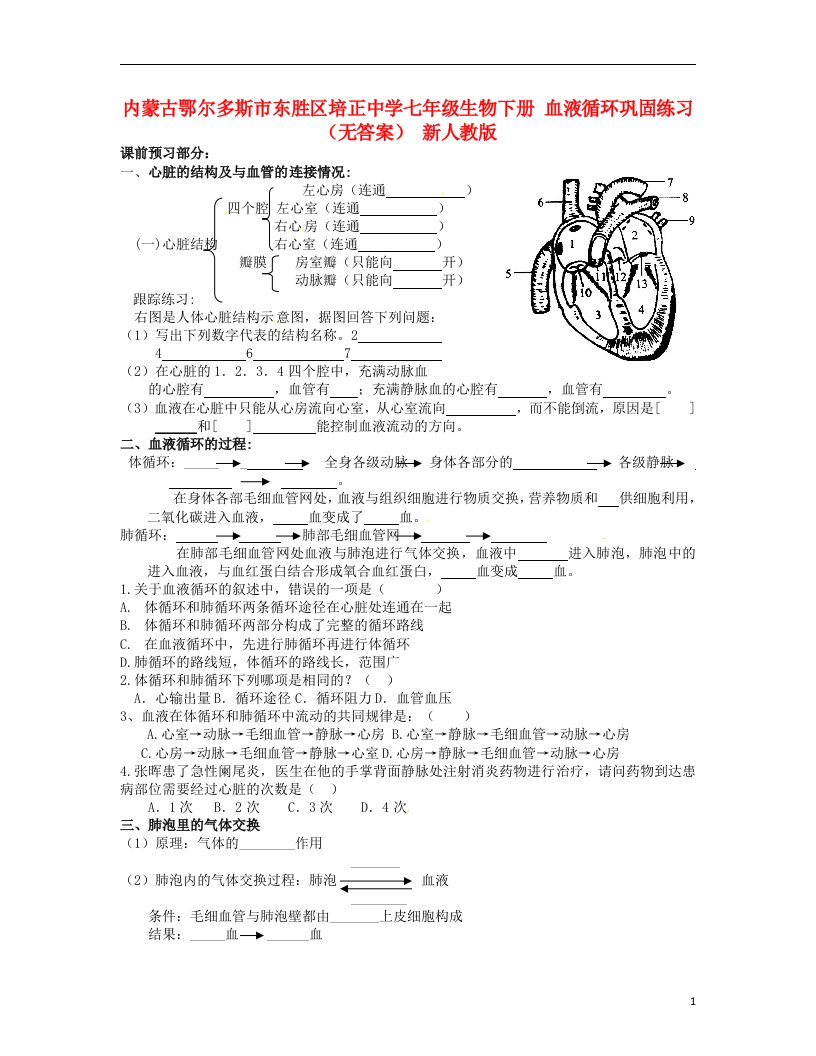 内蒙古鄂尔多斯市东胜区培正中学七年级生物下册