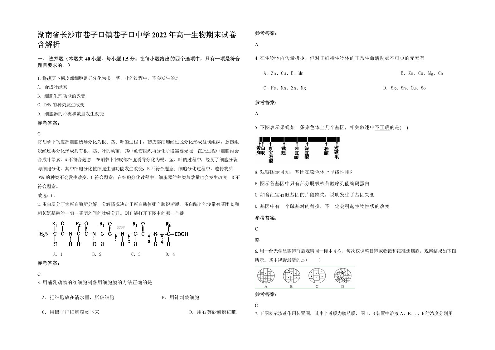 湖南省长沙市巷子口镇巷子口中学2022年高一生物期末试卷含解析