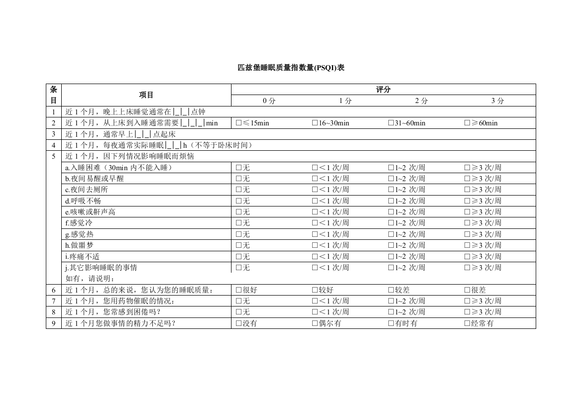 匹兹堡睡眠质量指数(PSQI)表格版