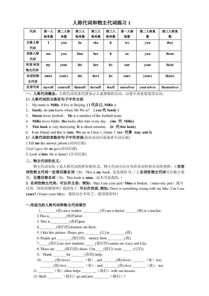 初一人称代词、物主代词练习题