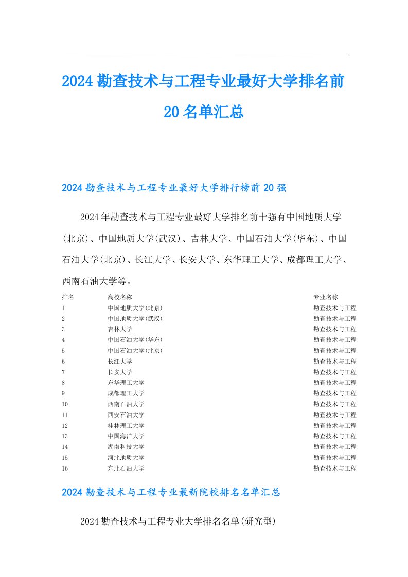 2024勘查技术与工程专业最好大学排名前20名单汇总