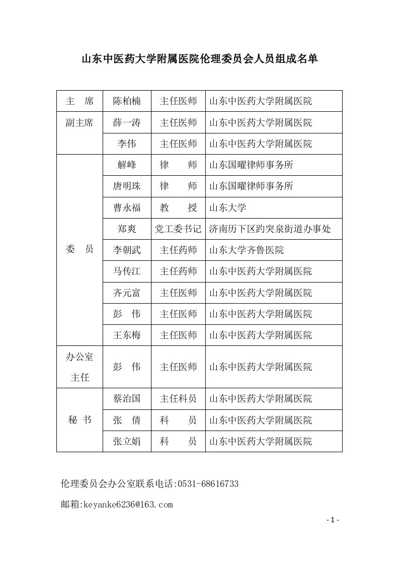 山东中医药大学附属医院伦理委员会人员组成名单