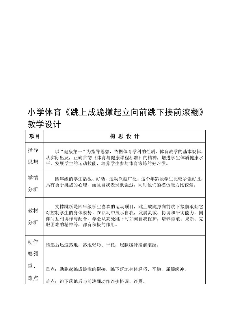 小学体育《跳上成跪撑起立向前跳下接前滚翻》教学设计