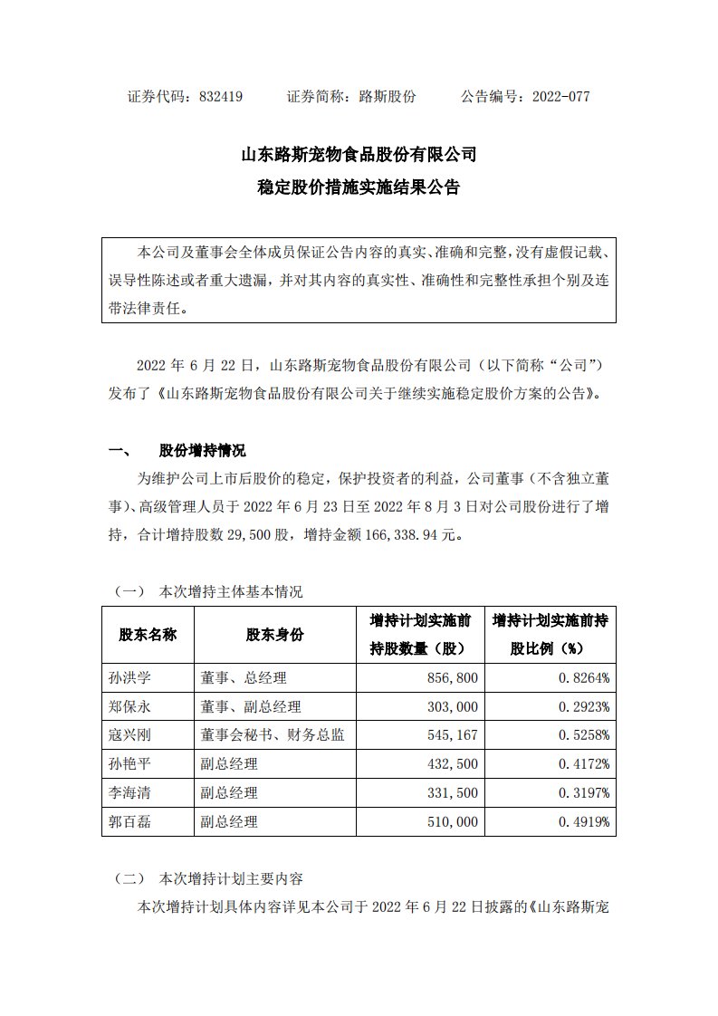 北交所-[临时公告]路斯股份:稳定股价措施实施结果公告-20220805