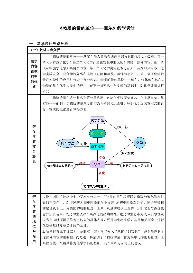 《物质的量的单位——摩尔》教学设计