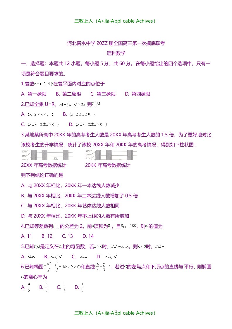 高中教育-衡水中学20KK届高三第一次摸底考试数学（理）试题（原卷版）