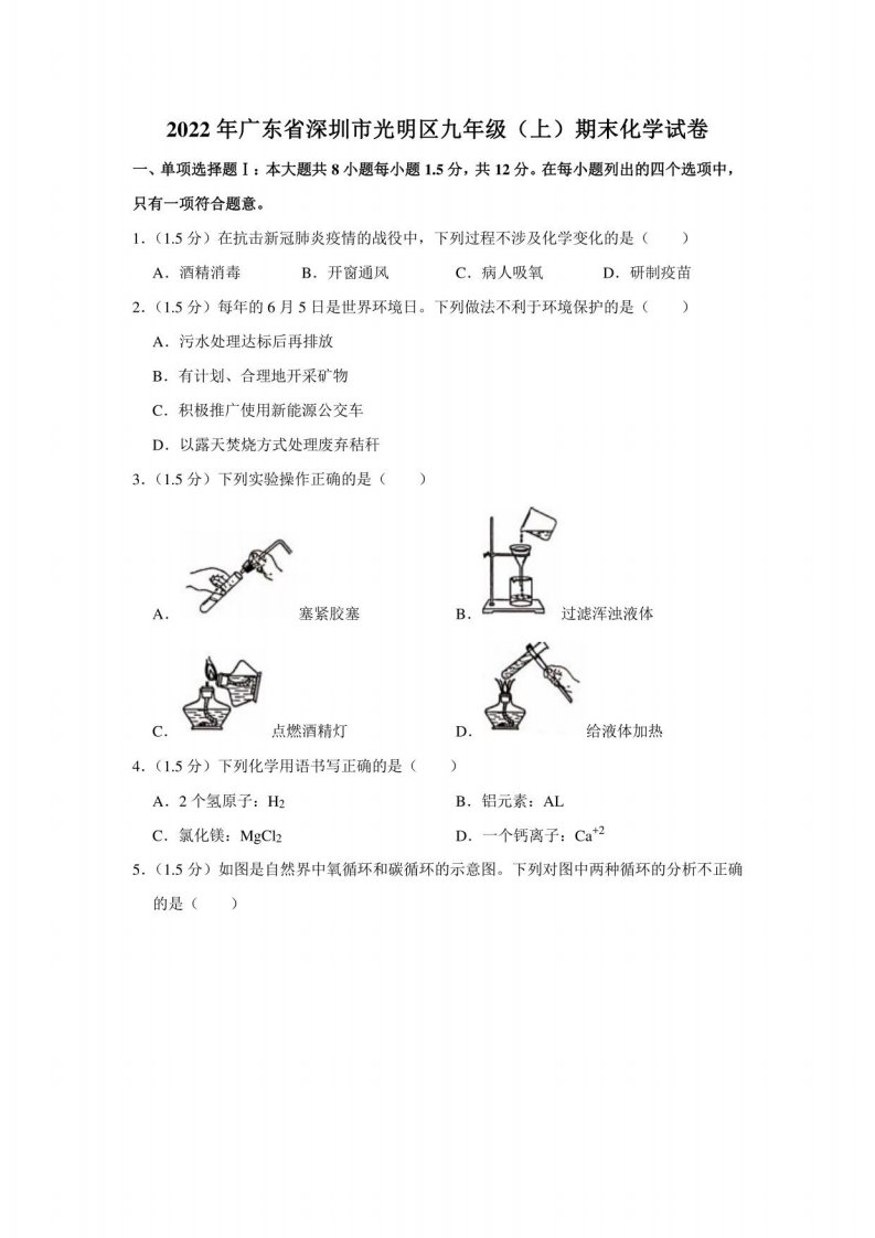 2022年广东省深圳市光明区九年级上学期期末化学试卷（含答案）