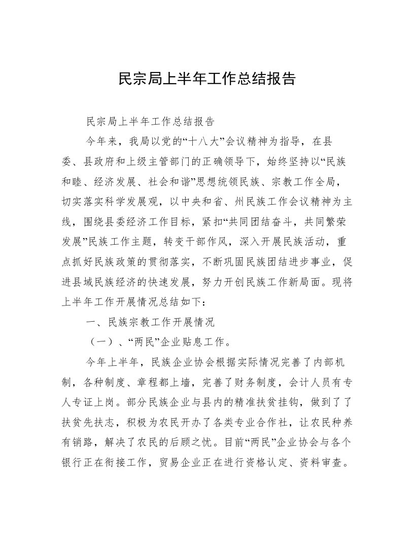 民宗局上半年工作总结报告