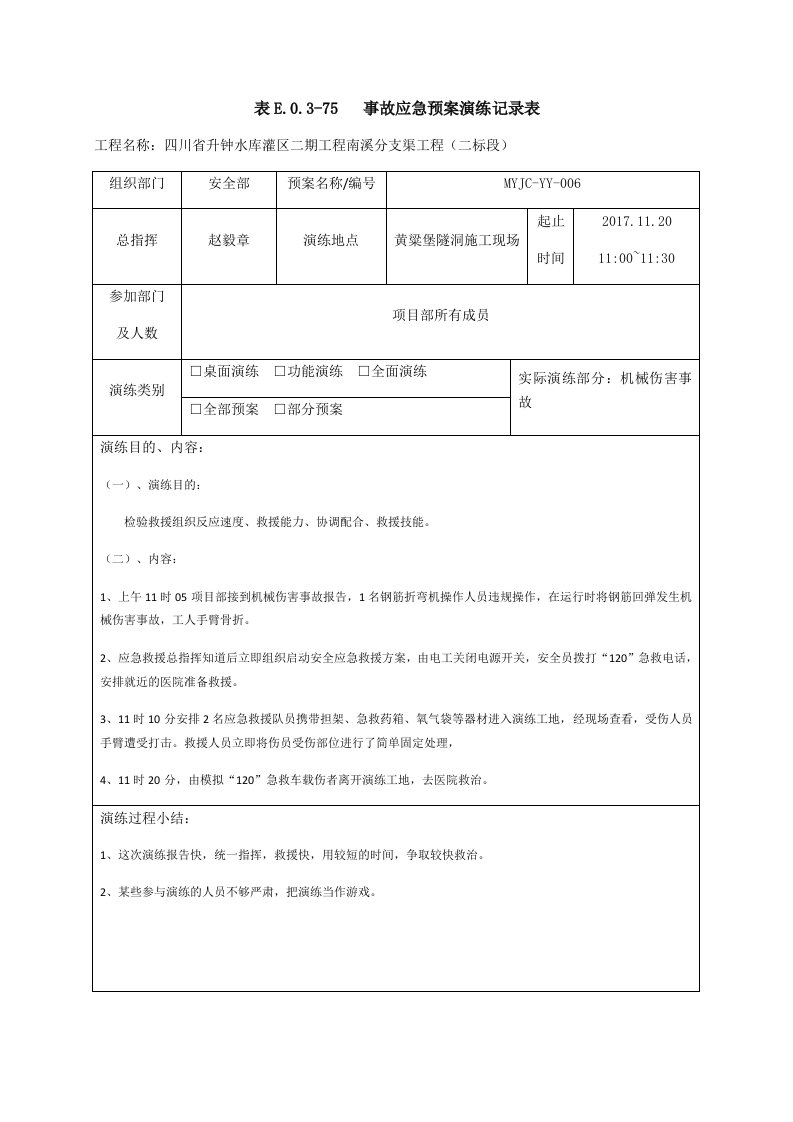 建筑资料-事故应急预案演练记录表006待改