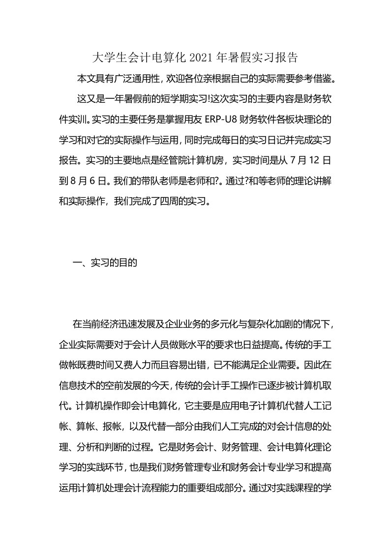 大学生会计电算化2021年暑假实习报告